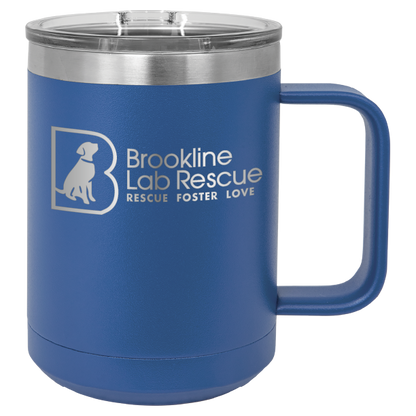 Royal blue laser engraved 15 of coffee cup featuring the Brookline Lab Rescue logo