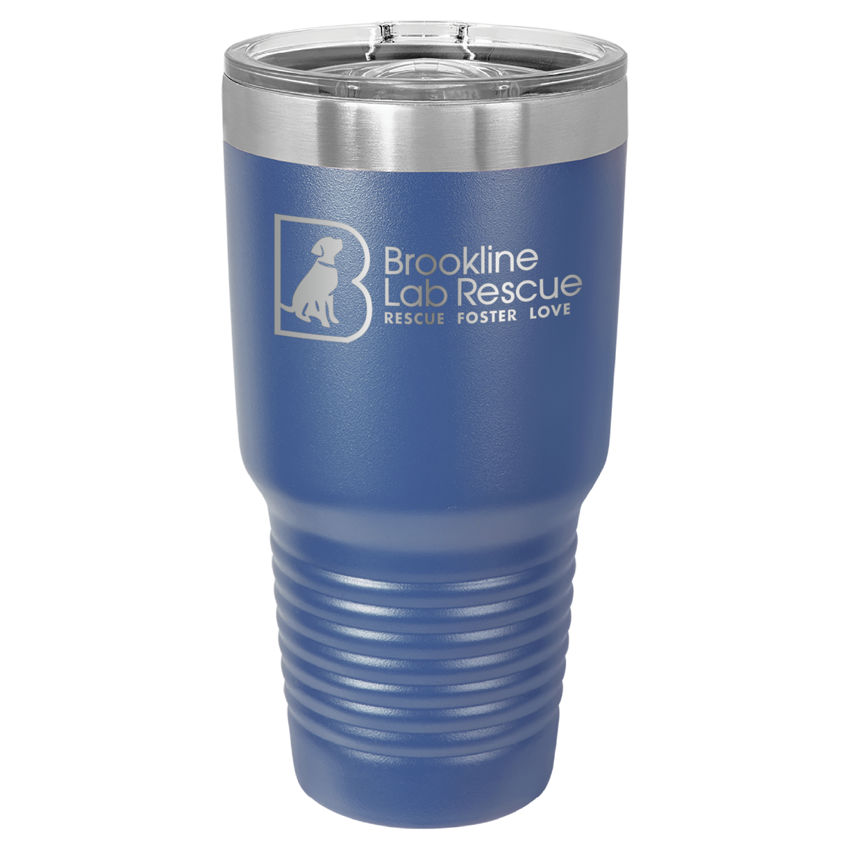 Royal blue laser engraved 30 oz tumbler featuring the Brookline Lab Rescue logo