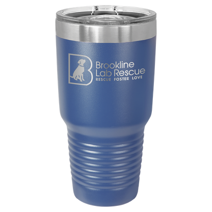 Royal blue laser engraved 30 oz tumbler featuring the Brookline Lab Rescue logo