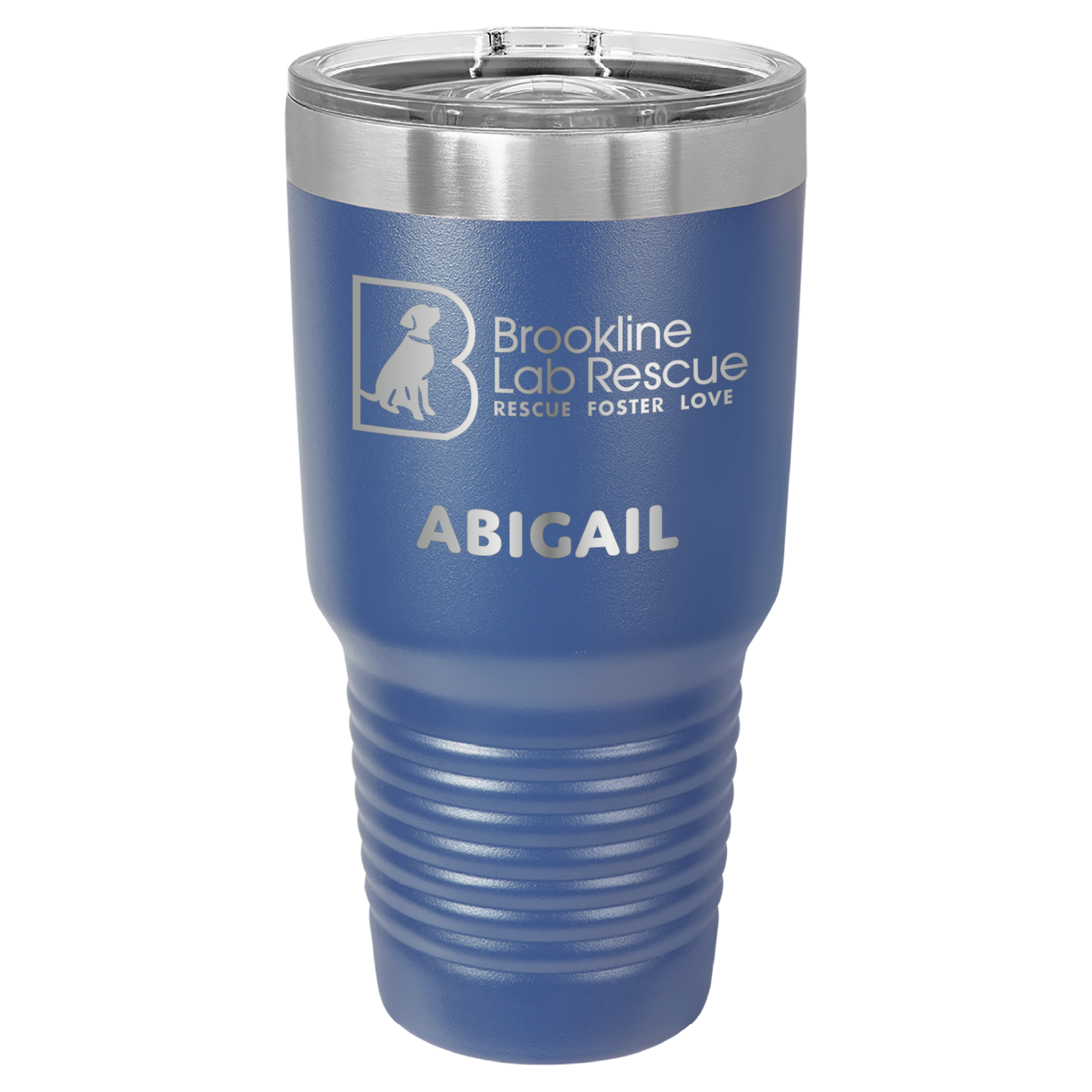 Royal blue laser engraved 30 oz tumbler featuring the Brookline Lab Rescue logo and the name "Abigail"