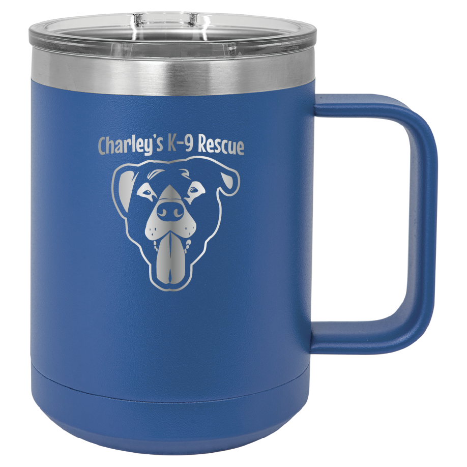 Royal blue 15 oz coffee cup laser engraved  tumbler featuring the Charley's K9 Rescue logo