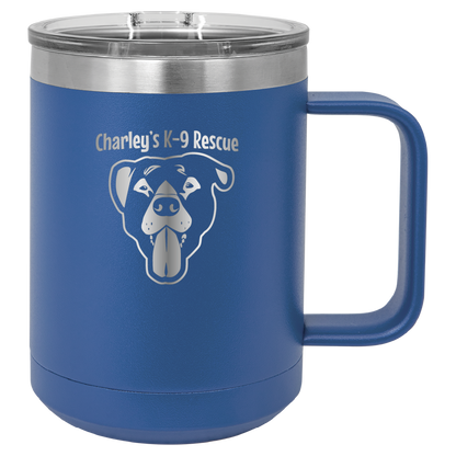 Royal blue 15 oz coffee cup laser engraved  tumbler featuring the Charley's K9 Rescue logo