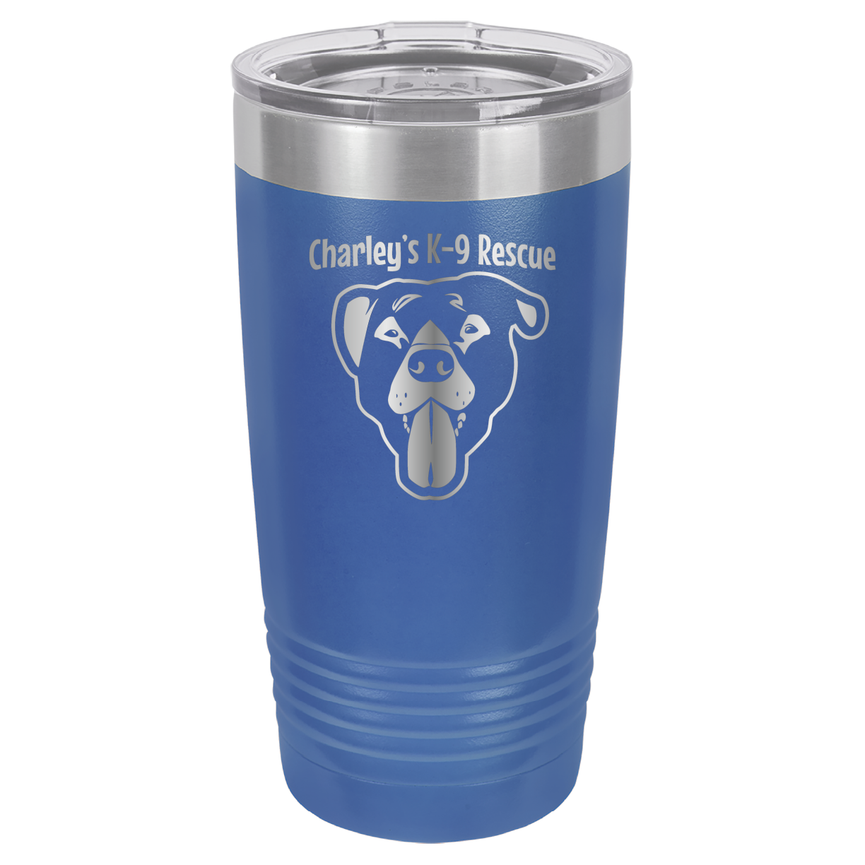 Royal Blue  20 ounce tumbler laser engraved  tumbler featuring the Charley's K9 Rescue logo