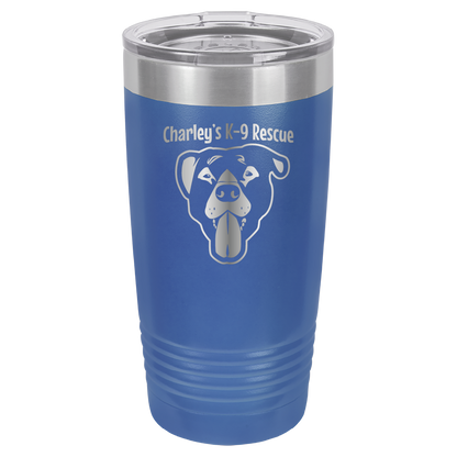 Royal Blue  20 ounce tumbler laser engraved  tumbler featuring the Charley's K9 Rescue logo