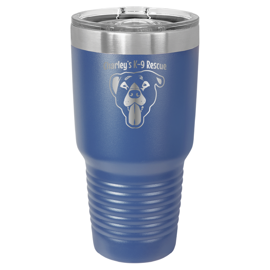 Royal blue 30 oz tumbler laser engraved  tumbler featuring the Charley's K9 Rescue logo