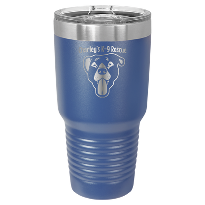 Royal blue 30 oz tumbler laser engraved  tumbler featuring the Charley's K9 Rescue logo