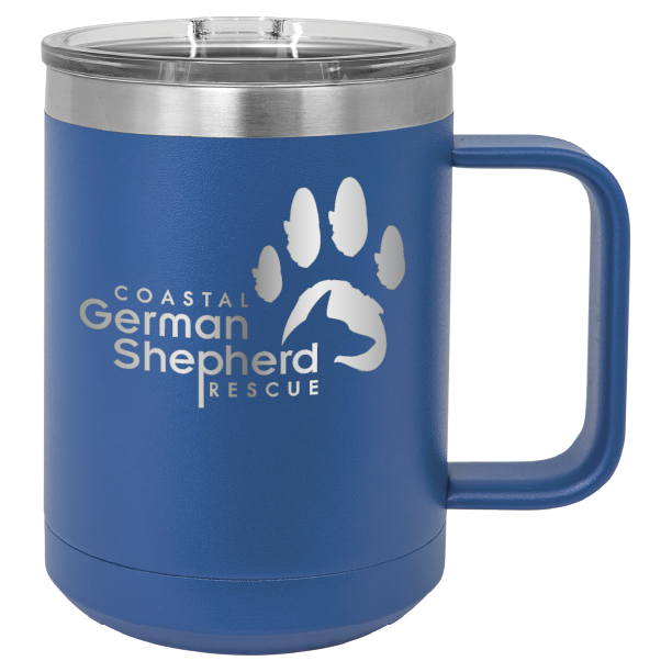 Royal blue 15 ounce laser engraved coffee mug, featuring the with the Coastal German Shpherd Rescue of Orange County logo