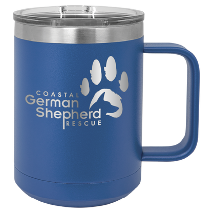 Royal blue 15 ounce laser engraved coffee mug, featuring the with the Coastal German Shpherd Rescue of Orange County logo