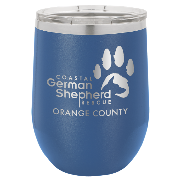 12 oz Wine tumbler laser engraved with the Coastal German Shepherd Rescue of Orange County logo, in royal blue