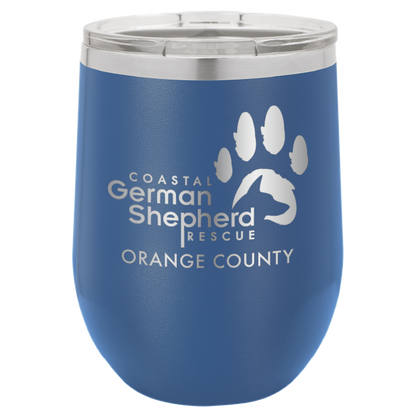 12 oz Wine tumbler laser engraved with the Coastal German Shepherd Rescue of Orange County logo, in royal blue