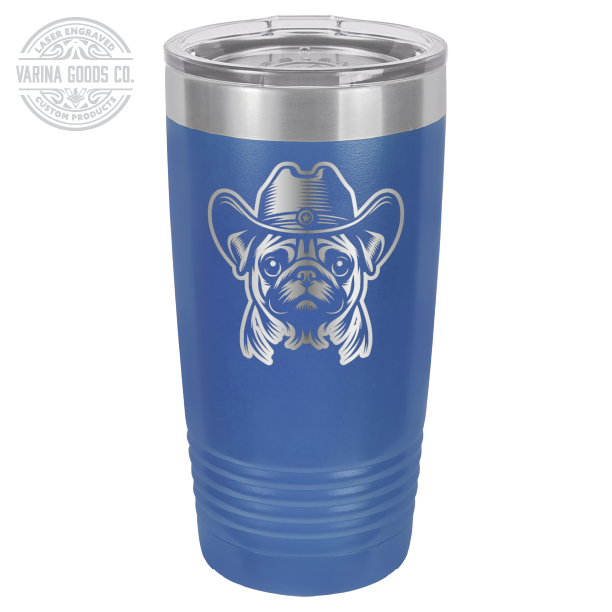 Royal blue Cowboy Pug laser engraved 20 oz tumbler.