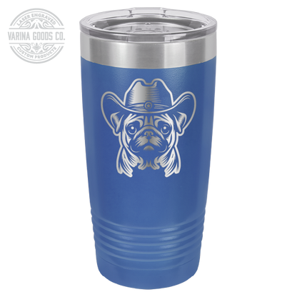 Royal blue Cowboy Pug laser engraved 20 oz tumbler.