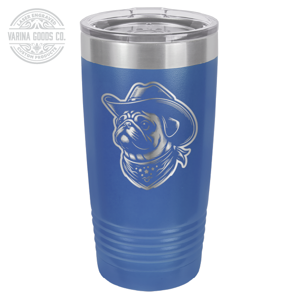 Cowboy Pug with bandana 20 laser engraved tumbler, in royal blue