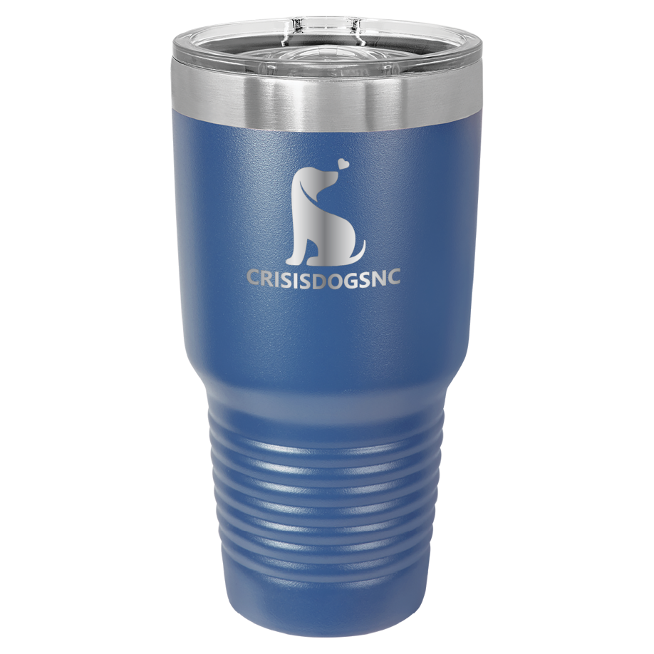 Royal Blue 30 oz laser engraved tumbler with the Crisis Dogs NC logo.