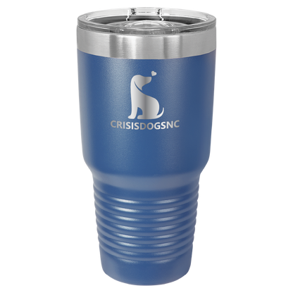 Royal Blue 30 oz laser engraved tumbler with the Crisis Dogs NC logo.