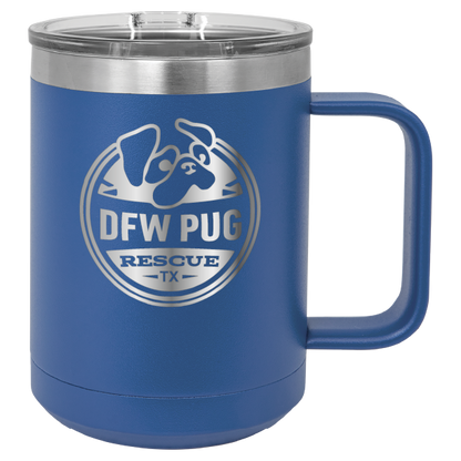 Royal Blue 15 oz laser engraved coffee cup featuring the DFW Pug Rescue logo