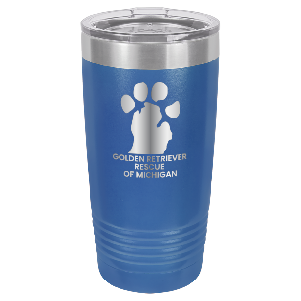 Royal Blue 20 Oz laser engraved tumbler with the Golden Retriever Rescue of Michigan logo