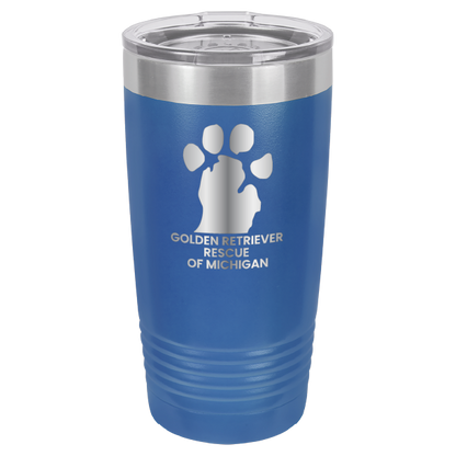 Royal Blue 20 Oz laser engraved tumbler with the Golden Retriever Rescue of Michigan logo