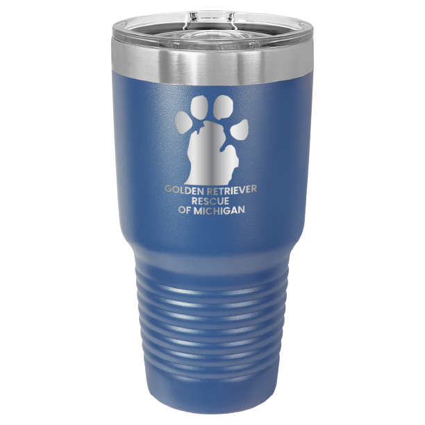 Royal Blue 30 laser engraved tumbler featuring the Golden Retriever Rescue of Michigan logo