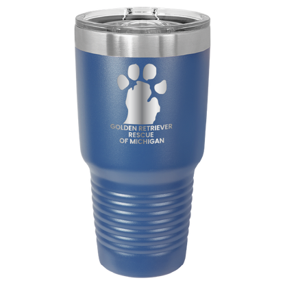 Royal Blue 30 laser engraved tumbler featuring the Golden Retriever Rescue of Michigan logo