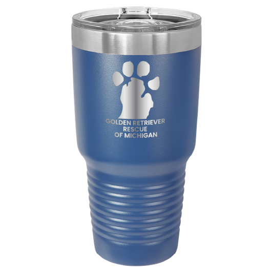 Royal Blue 30 laser engraved tumbler featuring the Golden Retriever Rescue of Michigan logo