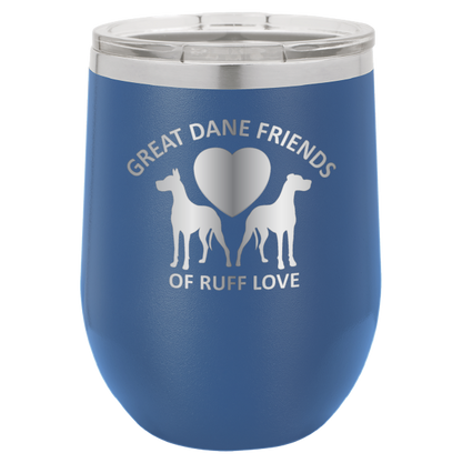 Royal Blue laser engraved wine tumbler with Great Dane Friends of Ruff Love logo.
