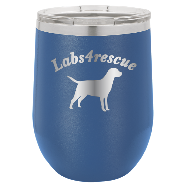 12 oz laser engraved wine tumbler with the labs4rescue logo, in royal blue