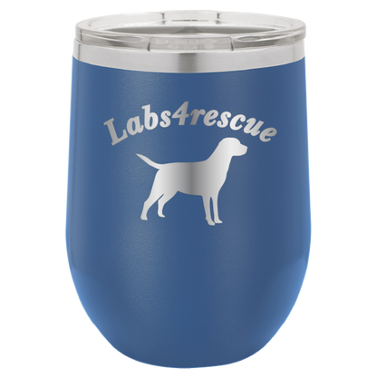 12 oz laser engraved wine tumbler with the labs4rescue logo, in royal blue
