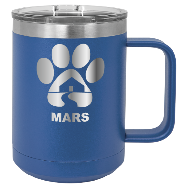 Royal blue 15 ounce laser engraved coffee mug with the Midwest Animal Rescue & Services (MARS) logo.