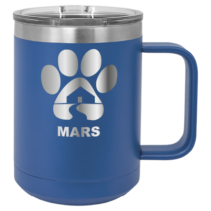 Royal blue 15 ounce laser engraved coffee mug with the Midwest Animal Rescue & Services (MARS) logo.