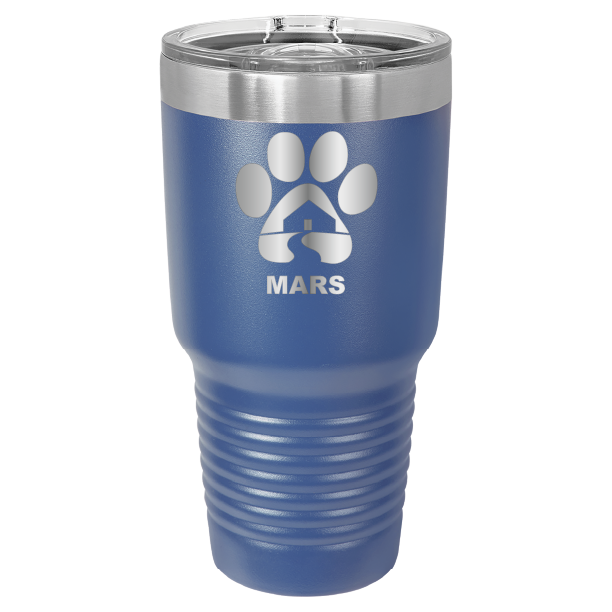 Royal blue 30 ounce laser engraved tumbler with the Midwest Animal Rescue & Services (MARS) logo.