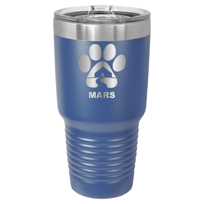 Royal blue 30 ounce laser engraved tumbler with the Midwest Animal Rescue & Services (MARS) logo.