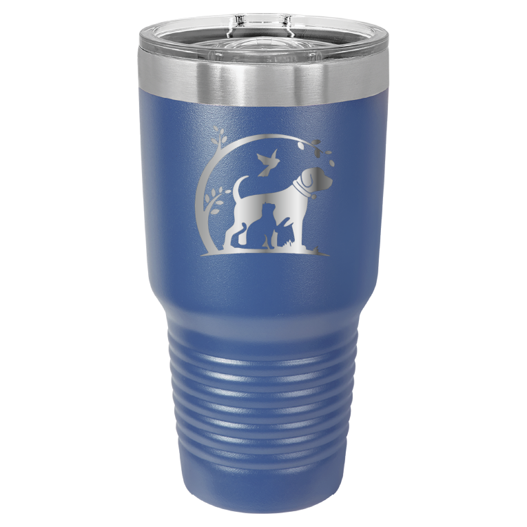 Royal blue 30 oz laser engraved tumbler featuring the No Critter Left Behind logo