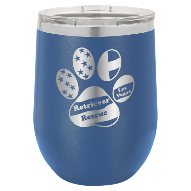 Royal Blue laser engraved wine tumbler with the logo of retriever rescue of Las Vegas