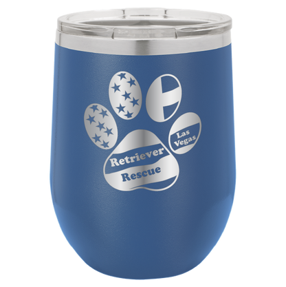 Royal Blue laser engraved wine tumbler with the logo of retriever rescue of Las Vegas