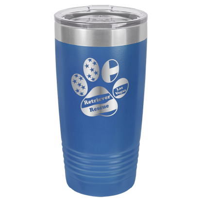 Royal Blue laser engraved 20 tumbler featuring the Retriever Rescue of Las Vegas logo