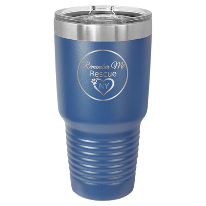 Royal Blue 30 oz laser engraved tumbler featuring the Remember Me Rescue NY logo.