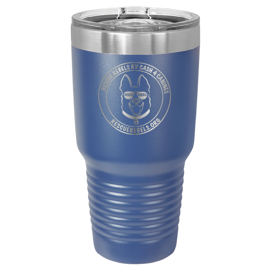 Royal blue 30 oz tumbler laser engraved  water bottle featuring the Rescue Rebels logo