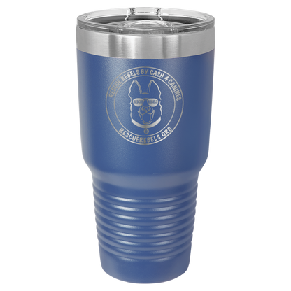 Royal blue 30 oz tumbler laser engraved  water bottle featuring the Rescue Rebels logo