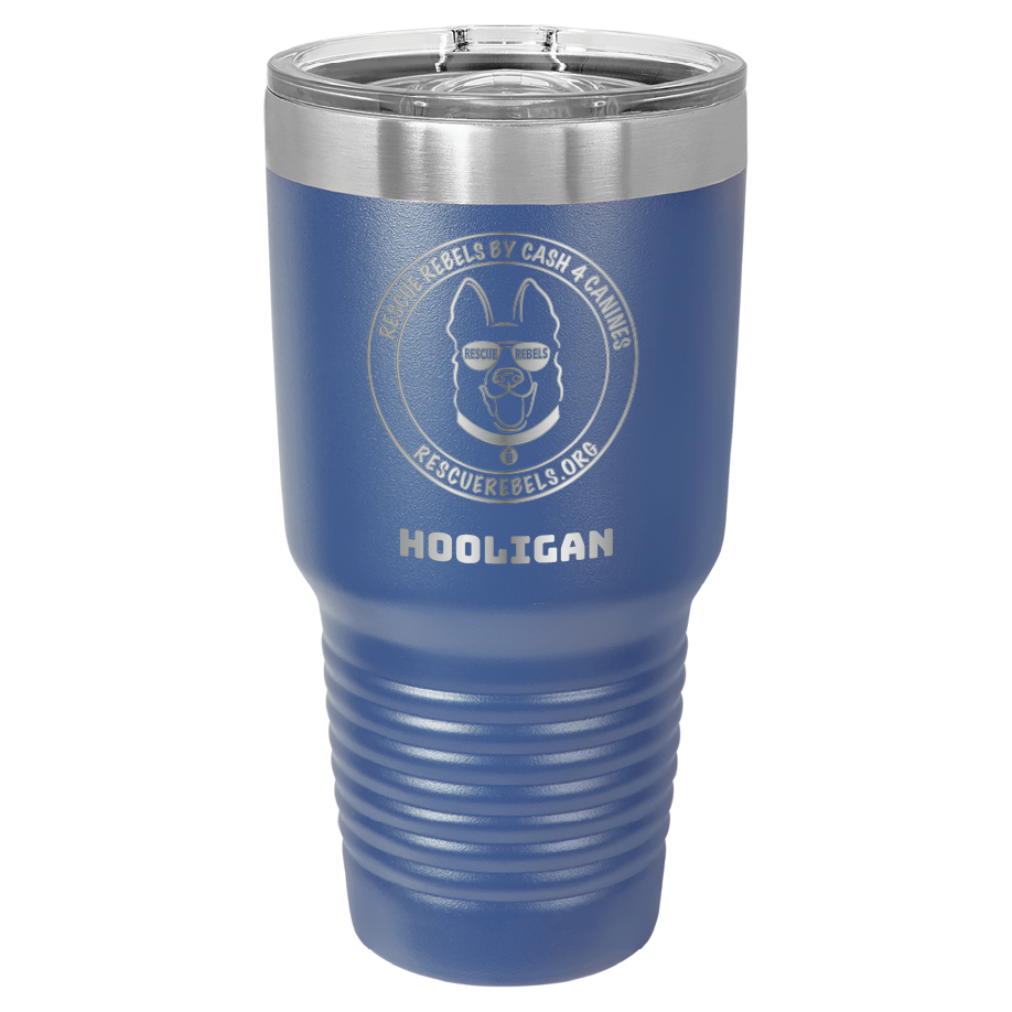 Royal blue 30 oz tumbler laser engraved  water bottle featuring the Rescue Rebels logo and the name "Hooligan"
