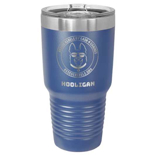 Royal blue 30 oz tumbler laser engraved  water bottle featuring the Rescue Rebels logo and the name "Hooligan"