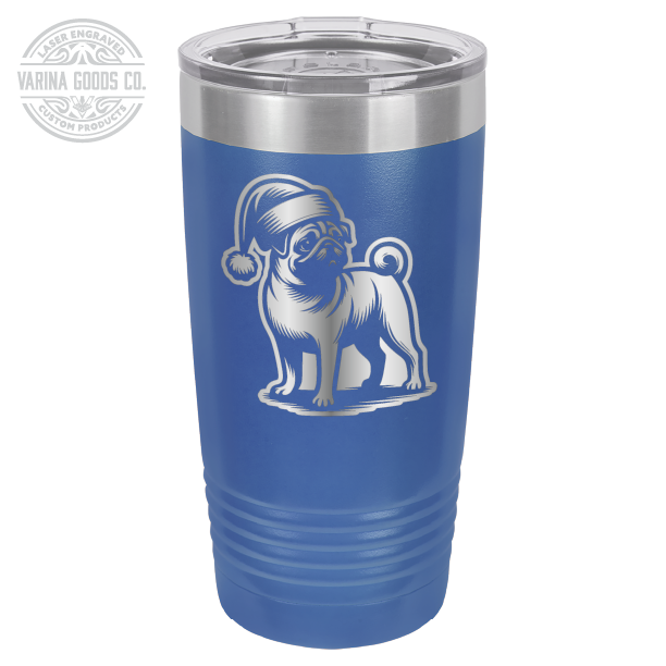 Pug wearing a Santa hat, 20 oz laser engraved tumbler, in royal blue