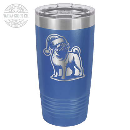 Pug wearing a Santa hat, 20 oz laser engraved tumbler, in royal blue