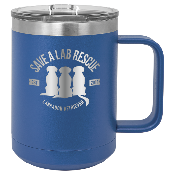 Royal Blue 15 oz laser engraved coffee cup featuring the Save A Lab Rescue logo.