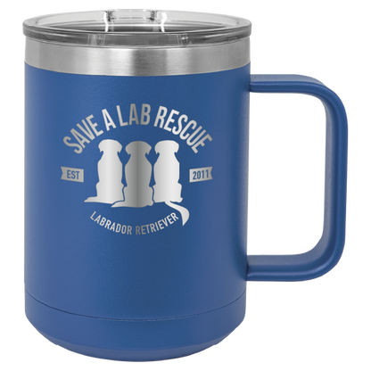 Royal Blue 15 oz laser engraved coffee cup featuring the Save A Lab Rescue logo.