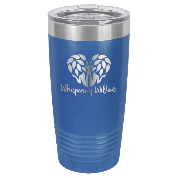 Royal blue laser engraved 20 oz tumbler featuring the Whispering Willows logo.