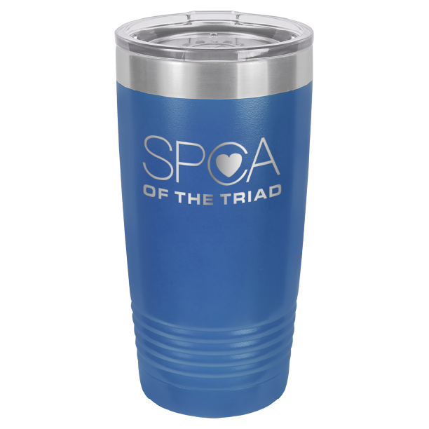 Royal blue laser engravved 20 Oz tumbler featuring the SPA of the Triad logo. 