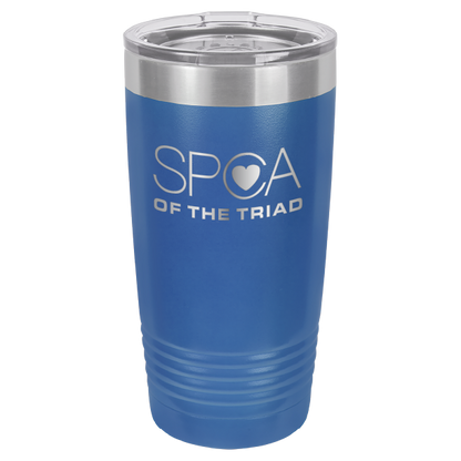 Royal blue laser engravved 20 Oz tumbler featuring the SPA of the Triad logo. 