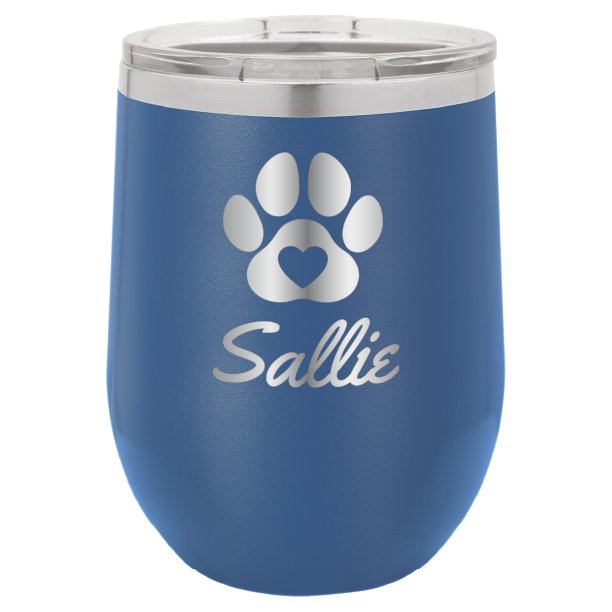 Laser engraved personalized wine tumbler featuring a paw print with heart, in royal blue