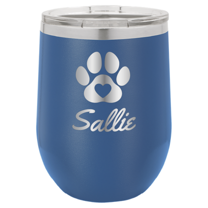 Laser engraved personalized wine tumbler featuring a paw print with heart, in royal blue